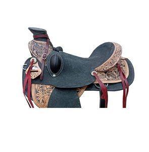 Silla de montar western de cuero negro teñido a tambor, con asiento rígido Big Horn, diseño floral artesanal, para carreras de caballos, con estampados plateados y árbol de plástico de 10/18 pulgadas - Product Image 3