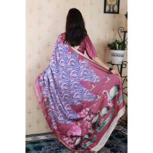 Sari rose abstrait pour soirée, en soie Tussar douce avec châle tissé en zari imprimé - Product Image 4