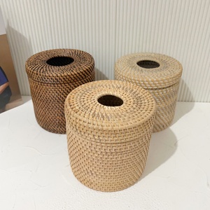 Rattan case cover for tissue box hand weave cylinder <b>storage</b> <b>boxes</b> natural napkin <b>paper</b> containers - Product Image 1