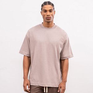 T-shirt décontracté pour homme 2026, coupe oversize, beige uni, manches courtes, épaules tombantes, col rond, impression en relief - Product Image 4