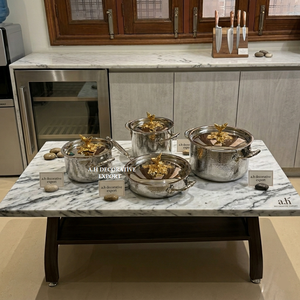 Designer Hammered Metal Casserole <b>Set</b> with Gold Finish Knobs Stainless Steel Induction Friendly for Kitchen Cooking Pan & <b>Pots</b> - Product Image 2