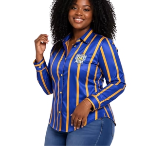 Camisa de satén a rayas Sigma Gamma Rho personalizada para mujer, blusa de manga larga con letras griegas, elegante, informal, de moda para hermandades - Product Image 3