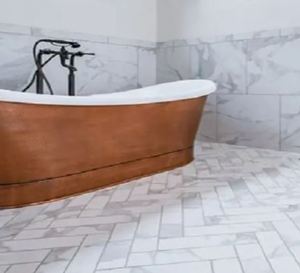Bañera de pie doble independiente de cobre antiguo rectangular con patas de gato para baño de villa - Product Image 4