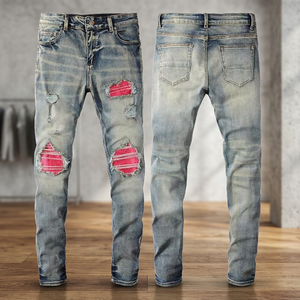 Hot Sale Vintage Men's Straight Lightweight Casual Distressed <b>Jeans</b> Pink <b>Embroidered</b> Patches Wholesale Price Streetwear Denim - Product Image 3