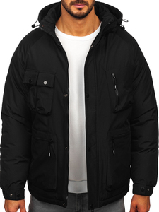 Chaqueta acolchada negra con capucha para hombre, con cierre de cremallera y múltiples bolsillos, abrigo informal de invierno, grueso, con relleno de poliéster, a prueba de viento - Product Image 1