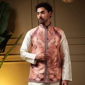 Conjunto Koti Kurta de Primera Calidad con Tejido Jacquard 3D y Pantalón de Seda Slub para Hombre - Product Image 1
