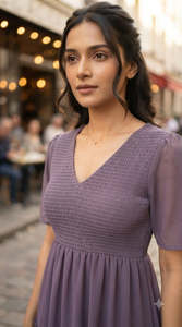 Robe midi en mousseline violette à col en V, manches courtes, à volants, coupe trapèze, décontractée, d'été, pour femme, taille empire, couleur unie - Product Image 4