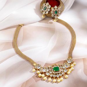 Gold Plated Alloy Necklace Earrings Headpiece Ring Set Zircon Imitation Pearl Geometric Design Vintage Women's Wedding <b>Jewelry</b> - Product Image 1
