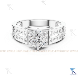 Bague de fiançailles et de mariage classique en diamant de laboratoire personnalisé, certifiée IGI, taille brillant rond, bande à découpe géométrique, or massif - Product Image 4