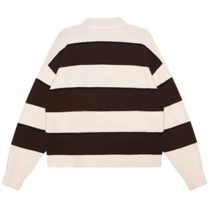 Men Stripe Knit Turn Down Sweater Neutral <b>Brown</b> Contrast Collar Long Sleeve Pullover Casual Winter Top Cotton Blend OEM - Product Image 2