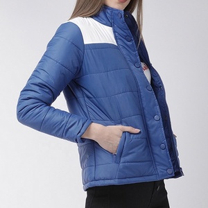 Women's <b>Quilted</b> <b>Jacket</b> With White Color Block Stand Collar Full Sleeve Button Closure Autumn Wear - Product Image 5