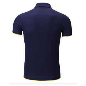 Camisa de Hombre Casual de Algodón Transpirable, Color Azul Marino, Tejido de Punto, Cierre de Botones, Manga Corta, con Ribete Amarillo en el Bajo y Logotipo Personalizado - Product Image 3