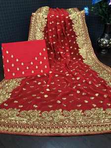SAREE DE DISEÑO CON BORDADO GEORGETTE Y BLUSA SIN COSTURAR ROJA 63697 - Product Image 2