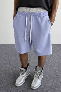 Shorts Bermuda pour homme, couleur unie violet clair, avec cordon de serrage, tricoté, taille mi-haute, coupe confortable, style décontracté - Product Image 5