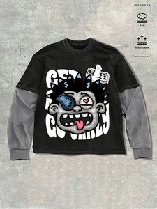 Camiseta Minimalista de Manga Larga, Oversize, de Algodón, con Estampado Gráfico, Cuello Redondo, en Contraste de Color, para Hombre - Product Image 3