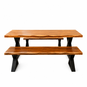 Juego de Comedor Rectangular Moderno de Madera Maciza de Suar para Restaurante, Patas en X de Hierro, 9 Piezas, Dos Bancos, Uso Doméstico - Product Image 3
