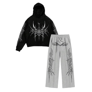 Conjunto Deportivo con Estampado Gótico, Sudadera con Capucha Unisex, Pantalones Grises, Manga Larga, Corte Holgado, Cordón Ajustable, Ropa de Otoño para Adultos - Product Image 1