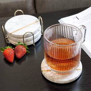 Round <b>White</b> Marble <b>Coasters</b> With Gold Stripe Metal Holder Modern Non-Slip Table Mats For Home Decoration - Product Image 5