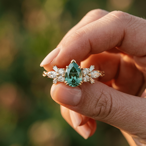 Anillo de Compromiso de Lujo para Mujer, Elegante, Forma Redonda, con Piedra de Corte Pera de 1 Quilate, Moissanita VVS, Zafiro Verde, Plata de Ley 925, Chapado en Oro - Product Image 3