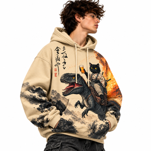 Sweat à capuche surdimensionné pour homme avec motif de chat samouraï japonais et dinosaure, style streetwear anime - Product Image 3