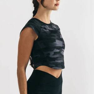 Customizable <b>Women's</b> Short 100% Cotton Crop <b>Top</b> T-Shirt Breathable Casual Scoop Hem in Black Canvas <b>Camo</b> - Product Image 3