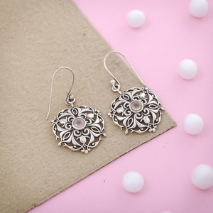 925 Sterling <b>Silver</b> Rose Quartz Floral Filigree <b>Dangle</b> <b>Earrings</b> Handmade Vintage Boho Gemstone Hook <b>Earrings</b> for Women - Product Image 2