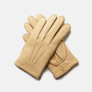 Beige Leather <b>Touchscreen</b> <b>Gloves</b> with Needle Detection Full Finger Design Split Cuff Soft Grain Palm Cashmere Lining-Casual Use - Product Image 2