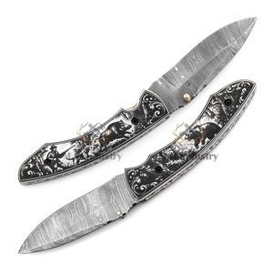 Couteau pliant professionnel sur mesure en acier Damas de qualité industrielle - Manche en os de chameau gravé au laser, longueur totale de 19 cm - Product Image 2