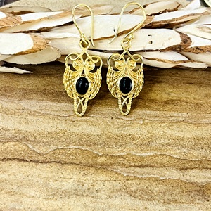 Boucles d'oreilles pendantes hibou bohème très demandées, ethniques, en laiton et onyx, plaqué or 18 carats, vintage, motif animal, pour femme, vente en gros OEM ODM - Product Image 3