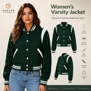 Women's Cropped Varsity Jacket Green <b>White</b> Contrast Panel Snap Closure OEM Supplier Custom Logo - Product Image 1