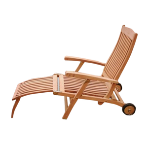 Classic Teak <b>Steamer</b> <b>Chair</b> with wheels and an adjustable footrest, featuring a smooth finish and a simple, modern design - Product Image 2