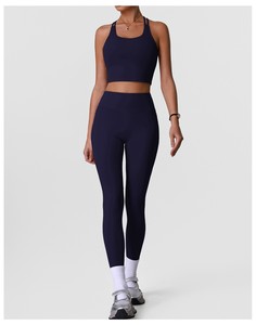 Women's Navy <b>Blue</b> 2-Piece Yoga Set Square Neck Spaghetti Strap Crop <b>Top</b> High Waist Full Length Seamless Leggings Spandex - Product Image 1
