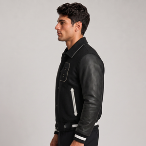 Men's <b>Black</b> Varsity <b>Jacket</b> With Embroidered Letter B Preppy Style Regular Fit Autumn Wear Leather Sleeves Turn-down Collar - Product Image 2