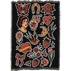 ผ้าห่มทอพิมพ์ลายสักแบบอเมริกันดั้งเดิม สีแดงสด ขนาด 50x60 นิ้ว ผลิตจากผ้าฝ้าย ผลิตในสหรัฐอเมริกา - Product Image 1