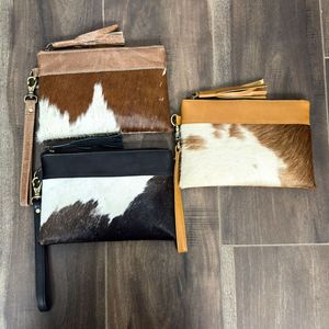 Best Selling Tan & White Cowhide Leather Wristlet Clutch <b>Wallet</b> for Women Western Boho Zipper Pouch Handmade Cowhide Hand Purse - Product Image 4