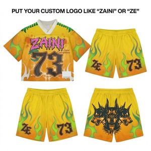 Men <b>Mesh</b> Jersey <b>Short</b> Set 120g Breathable Polyester Sportswear Yellow Blue Contrast Panel Custom Logo Number Heat-Transfer - Product Image 1