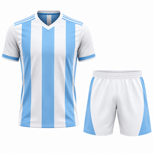 Conjunto de Camiseta y Pantalones Cortos de Fútbol para Hombre, Rayas Blancas y Azul Claro, Cuello en V, Manga Corta, Transpirable, Estampado Sublimado, para Todas las Temporadas - Product Image 1