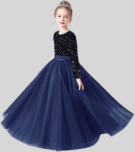 ชุดราตรีเด็กผู้หญิงผ้ากำมะหยี่สีน้ำเงินพรีเมียมปักเลื่อมประดับด้วยผ้าเน็ตเนื้อนุ่มสไตล์เจ้าหญิง สำหรับงานเลี้ยงตอนเย็น ขายส่งแบบ OEM - Product Image 1