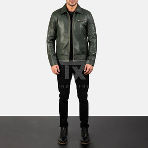 Leather <b>Jacket</b> Bomber Style Genuine Cowhide Classic <b>Flight</b> Motorcycle Riding Stand Collar Front Logo <b>Men</b> - Product Image 4