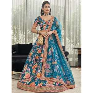 Vêtements de mariage en soie d'art imprimé floral bleu sarcelle Lehenga Choli - Product Image 1