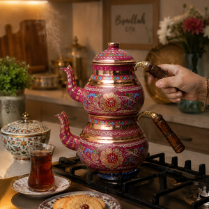 Handmade Turkish Copper Tea Pot <b>Set</b> Hand Painted Enamel Copper Tea Kettle Wooden Handle Traditional <b>Teapot</b> OEM Wholesale - Product Image 4