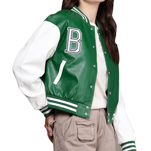 เสื้อแจ็คเก็ตหนัง PU สีเขียวขาว สไตล์วาร์ซิตี้ สำหรับผู้ชาย แนววินเทจ บอมเบอร์โค้ท สำหรับฤดูหนาว - Product Image 4