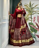 Gaun Lehenga Cetak Ajrakh Mewah dengan Dupatta, Pakaian Etnis Tradisional India, Desainer Cetak Blok, Pakaian Pesta Pernikahan, Lehenga Choli Se