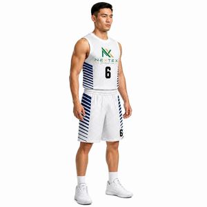 Ensemble de maillots de basket-ball sublimés personnalisés pour hommes, blanc et bleu marine, uniforme en mesh rayé, tenue d'équipe avec shorts, fabricant OEM - Product Image 3