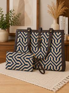 Jacquard Tote Handbag Chevron Pattern <b>Shoulder</b> Bag Large Capacity Shopping Travel Daily Use Women - Product Image 1