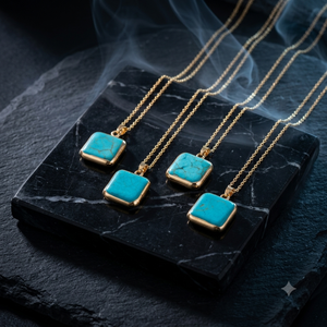 Collier avec pendentif carré turquoise plaqué or, chaîne à maillons géométriques en pierre bleue - Product Image 4
