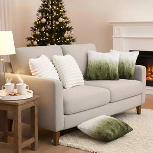 Ensemble de 5 housses de coussin décoratives pour canapé et lit, 3x fausse fourrure ombrée et 2x pompons crème style bohème - Product Image 6