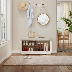 28.74\" White Entryway Shoe <b>Storage</b> Bench with 2 Door Cabinet and Adjustable Shelf <b>Cushioned</b> Shoe Rack - Product Image 6