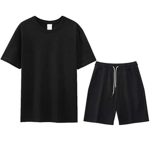 Conjunto de camiseta de manga corta de algodón azul marino unisex con cuello redondo y pantalones cortos casuales de verano transpirables de ajuste holgado con cordón y laterales - Product Image 2