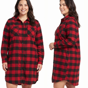 Camisa Larga de Franela 100% Algodón para Mujer, Vestido Largo a Cuadros con Bolsillo en el Pecho, Ropa de Dormir para Mujer, Camisa Larga de Franela - Product Image 1